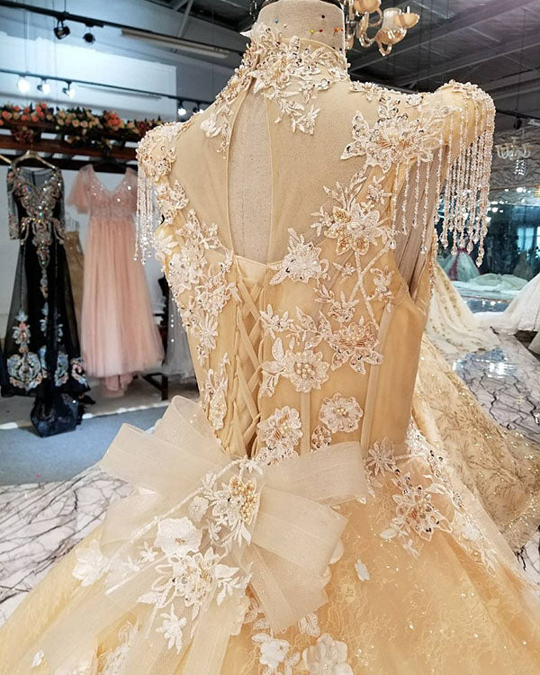 Champagne Gold Ball Gown Wedding Dresses with High Neck 2018 Bridal Go angelaweddings Champagne Gold Ball Gown Wedding Dresses with High Neck 2018 Bridal Go angelaweddings