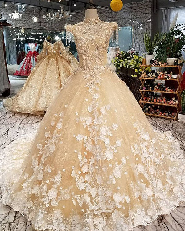 Champagne Gold Ball Gown Wedding Dresses with High Neck 2018 Bridal Go angelaweddings Champagne Gold Ball Gown Wedding Dresses with High Neck 2018 Bridal Go angelaweddings