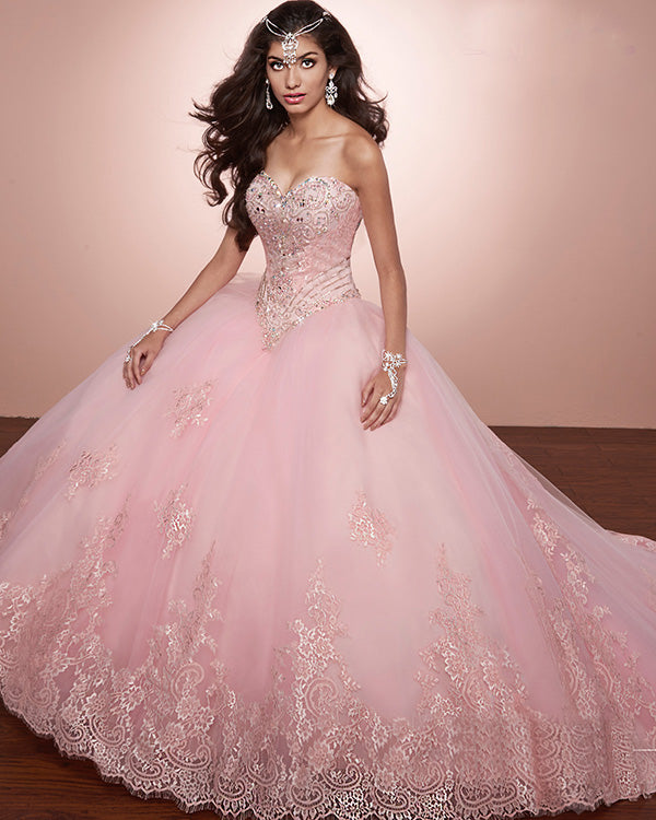 Pink Lace Quinceanera Dresses Beaded Sparkly Sweetheart Puffy Ball Bown Vestidos de Quinceanera