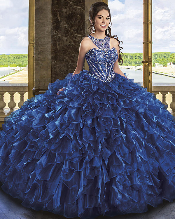 Navy Blue Organza Quinceanera Dress Beaded Jewel Puffy Ruffles Ball Gown vestidos de quinceaera Navy Blue Organza Quinceanera Dress Beaded Jewel Puffy Ruffles Ball Gown vestidos de quinceaera