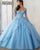 Blue Lace Long Sleeves Princess Tulle Ball Gown Quinceanera Dresses V Neckline Sweet 15