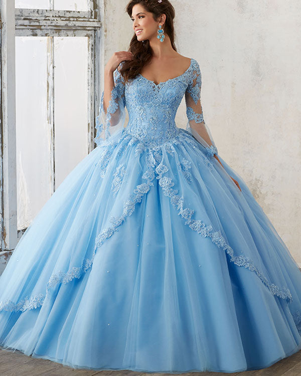long sleeve quinceanera dresses Blue Lace Sleeves Princess Tulle Ball Gown V – angelaweddings The sweetheart neckline and birch white Color:Sliver Princess Polly Gold Sparkly