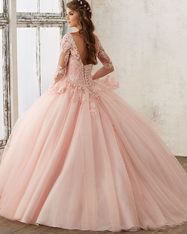 Blue Lace Long Sleeves Princess Tulle Ball Gown Quinceanera Dresses V Neckline Sweet 15 Blue Lace Long Sleeves Princess Tulle Ball Gown Quinceanera Dresses V Neckline Sweet 15
