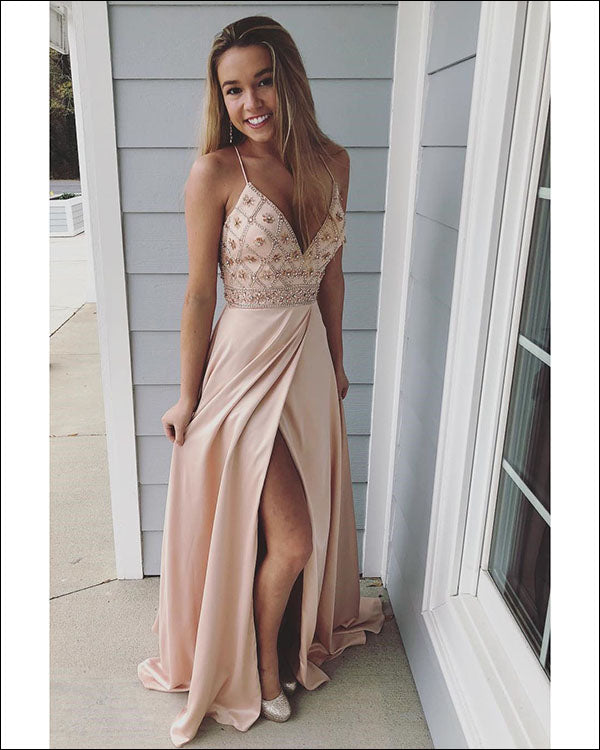 Sexy Spaghetti Straps Prom Dresses Blush Pink 2018 Long Prom Party Gowns Split Side Sexy Spaghetti Straps Prom Dresses Blush Pink 2018 Long Prom Party Gowns Split Side