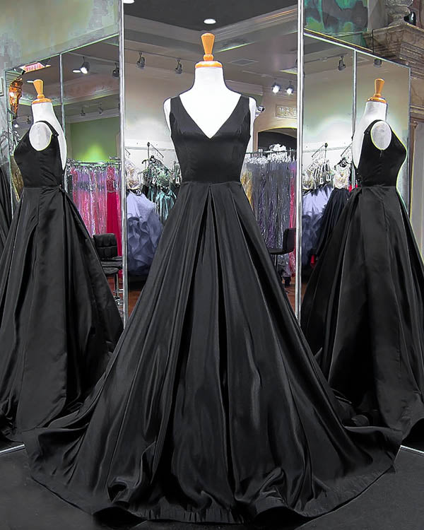 Elegant Black Satin Prom Dresses V-Neckline 2018 New Long Prom Gowns for Party Elegant Black Satin Prom Dresses V-Neckline 2018 New Long Prom Gowns for Party
