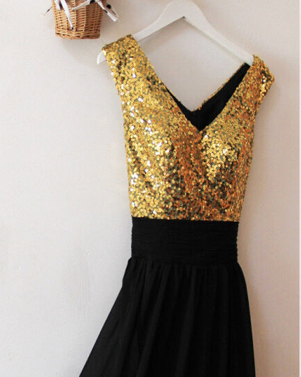 Gold Sequins Black Chiffon Bridesmaid Dresses Ruffles V-Neck Floor Length Gold Sequins Black Chiffon Bridesmaid Dresses Ruffles V-Neck Floor Length
