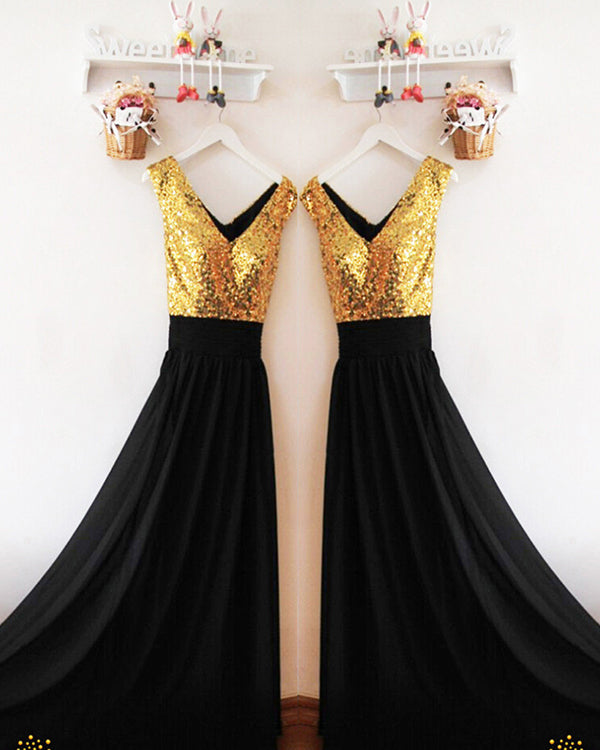 Gold Sequins Black Chiffon Bridesmaid Dresses Ruffles V-Neck Floor Len –  angelaweddings