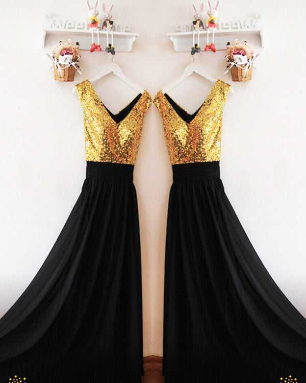 Gold Sequins Black Chiffon Bridesmaid Dresses Ruffles V-Neck Floor Length