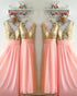 Gold Sequins Pink Chiffon Bridesmaid Dresses Ruffles V-Neck Floor Length