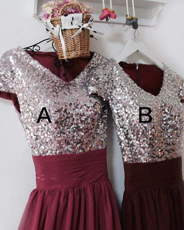 Silver Sequins Burgundy Chiffon Bridesmaid Dresses Ruffles V-Neck Floor Length Silver Sequins Burgundy Chiffon Bridesmaid Dresses Ruffles V-Neck Floor Length