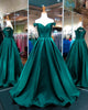 Off The Shoulder Dark Green Satin Prom Dresses V-Neck A-line Pageant Dress Long Prom Gowns Evening Dress