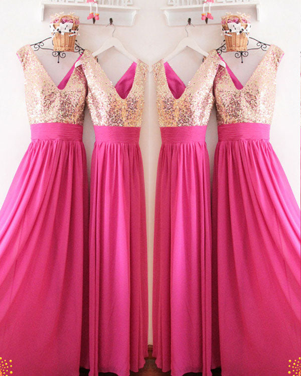 Gold Sequins Hot Pink Chiffon Bridesmaid Dresses Ruffles V-Neck Floor Length Gold Sequins Hot Pink Chiffon Bridesmaid Dresses Ruffles V-Neck Floor Length