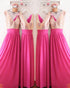 Gold Sequins Hot Pink Chiffon Bridesmaid Dresses Ruffles V-Neck Floor Length