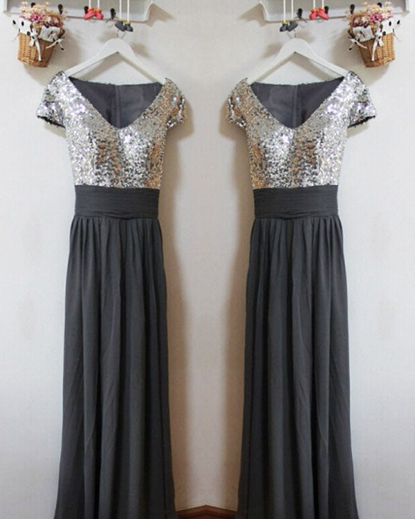 Modest Silver Sequins Grey Chiffon Bridesmaid Dresses Short Sleeves Ruffles V-Neck Floor Length Modest Silver Sequins Grey Chiffon Bridesmaid Dresses Short Sleeves Ruffles V-Neck Floor Length