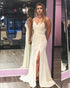 Simple White Prom Dresses Ruch Spaghetti Straps Long Mermaid Prom Party Gowns with Split Side