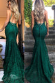Sexy Mermaid Evening Dress Dark Green Lace Evening Gowns Backless Spaghetti Straps 2018 New
