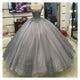 2018 Elegant Gray Quinceanera Dresses with Crystal Organza Lace Sheer Scoop Ball Gowns Sweet 16