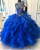 Gorgeous Royal Blue Quinceanera Dresses Beaded High-Neck Organza Ruffles Ball Gown Sweet 16 Dresses