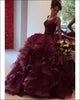 2018 Burgundy Quinceanera Dresses with Organza Ruffles Puffy Ball Gowns Sweet 16 Dress