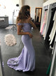 Fashion 2018 Lilac Mermaid Prom Dresses Off the Shoulder Sexy Party Gowns with Sheer Lace Train
