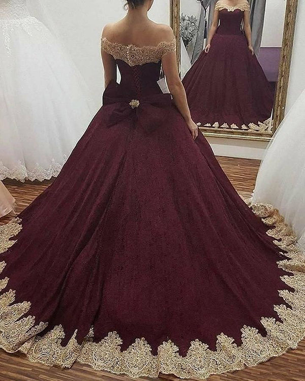 Off The Shoulder Burgundy Quinceanera Dresses with Gold Appliques Bowk angelaweddings Off The Shoulder Burgundy Quinceanera Dresses with Gold Appliques Bowk angelaweddings