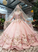 Pink Wedding Dresses with Lace Appliques Beaded Modest Full Sleeve Bridal Gowns