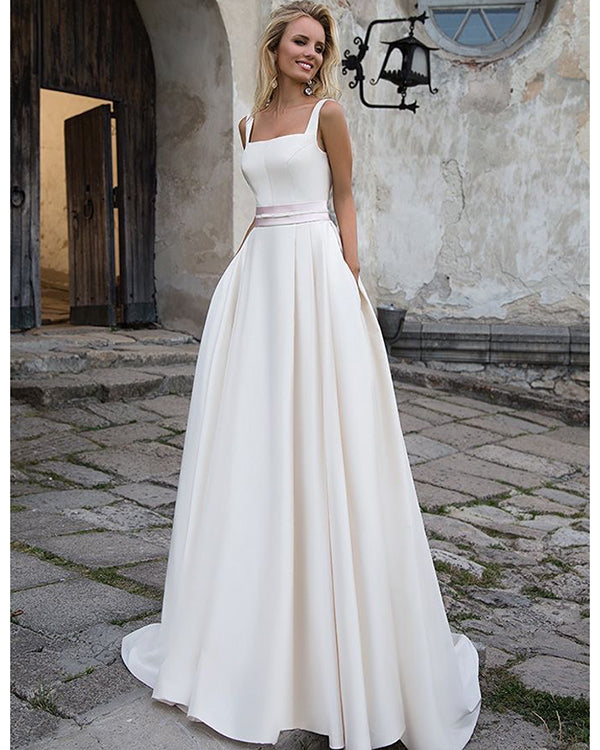 Simple 2018 White Wedding Dresses A Line Square Neckline Modest Satin Bridal Gowns with Pockets Simple 2018 White Wedding Dresses A Line Square Neckline Modest Satin Bridal Gowns with Pockets
