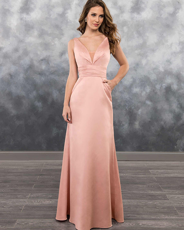 Coral Satin Long Bridesmaid Dresses with Pockets Sexy V-Neck Party Gow angelaweddings Coral Satin Long Bridesmaid Dresses with Pockets Sexy V-Neck Party Gow angelaweddings