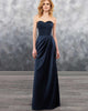 Satin sheath bridesmaid dress features strapless sweetheart pleated top and side pleated skirt