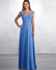 Chiffon floor length dress with a draped tip-of-the-shoulder bodice, V-shaped neckline, lace-up back closure, and an A-line skirt