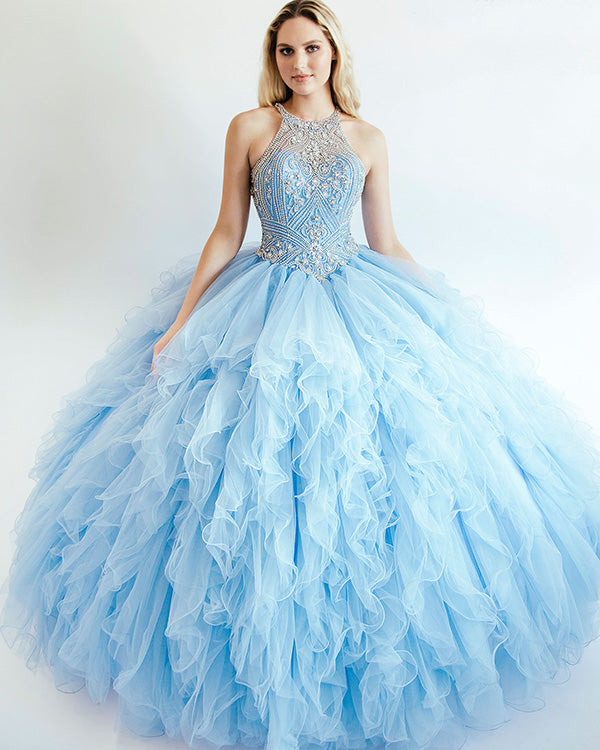 Light Blue Tulle Quinceanera Dresses Halter Beaded Party Ball Gown Ruffles Sweet 16 Dress Light Blue Tulle Quinceanera Dresses Halter Beaded Party Ball Gown Ruffles Sweet 16 Dress