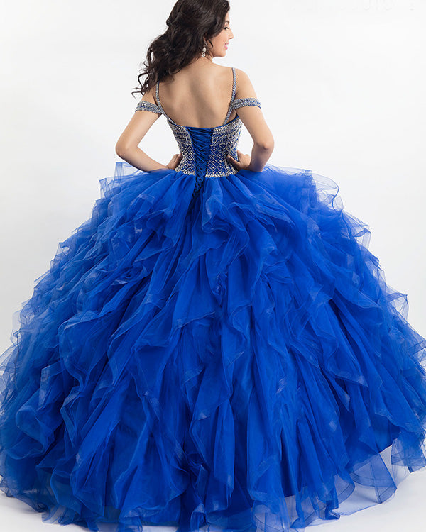 Royal Blue Quinceanera Dress Beaded Bodice Off The Shoulder Puffy Tull – angelaweddings