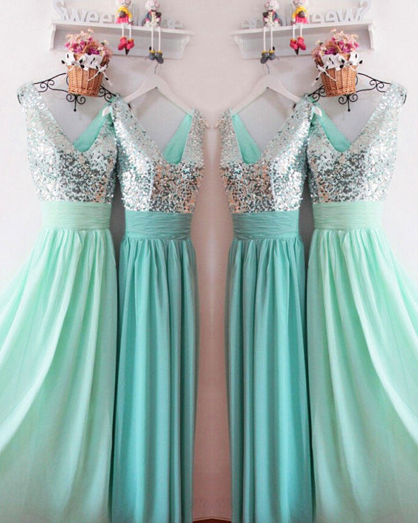 Silver Sequins Mint Chiffon Bridesmaid Dresses Ruffles V-Neck Floor Length Silver Sequins Mint Chiffon Bridesmaid Dresses Ruffles V-Neck Floor Length