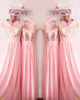 Champagne Sequins Pink Chiffon Bridesmaid Dresses Short Sleeves Ruffles V-Neck Floor Length