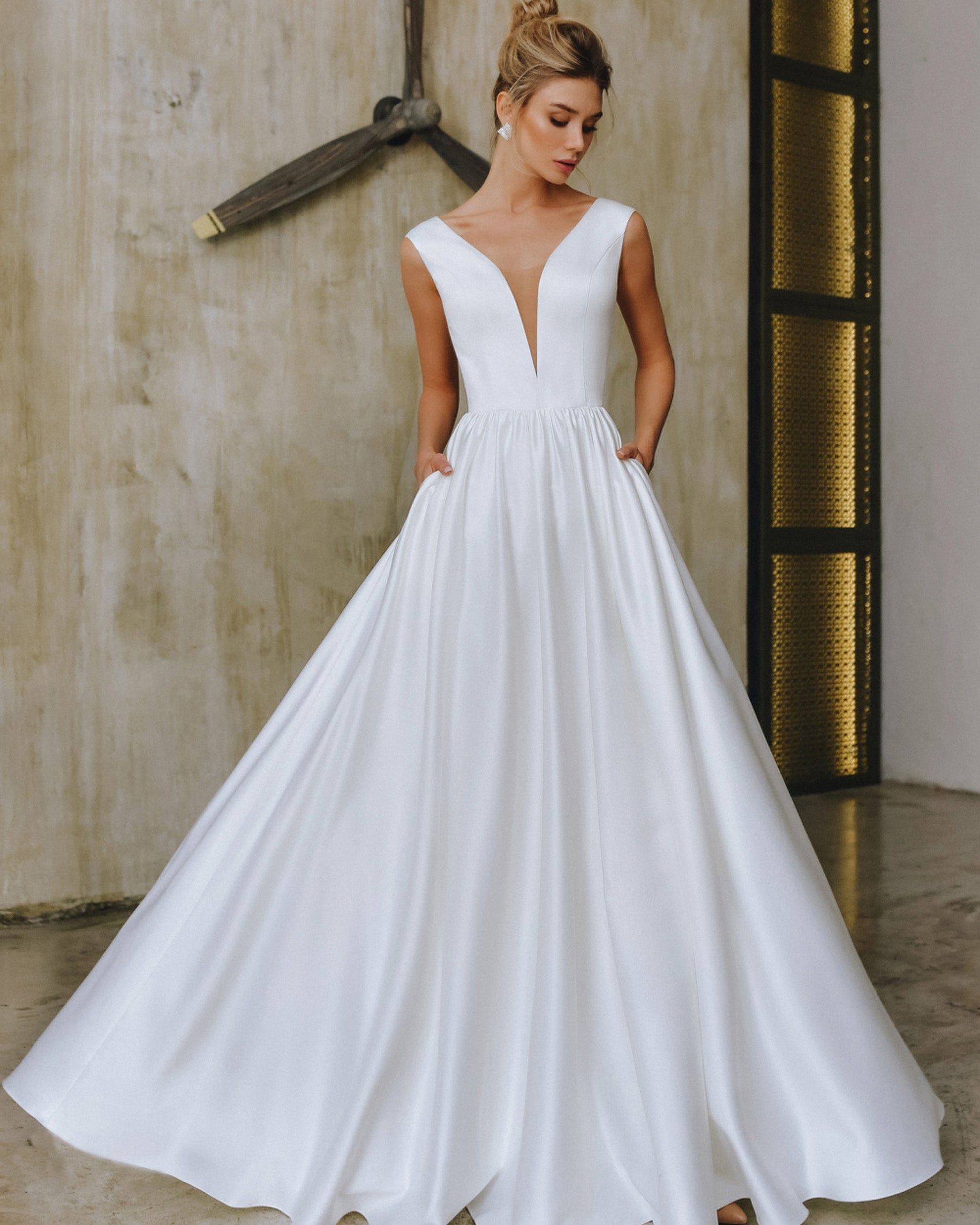 Simple Satin Wedding Dresses Plunge V-Neck Elegant A-line Bridal Gowns with Pockets Simple Satin Wedding Dresses Plunge V-Neck Elegant A-line Bridal Gowns with Pockets