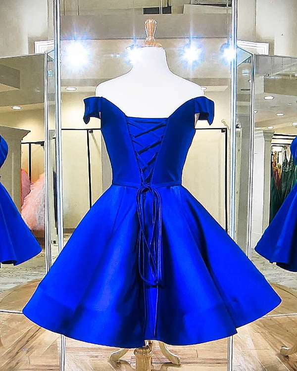 2018 Off The Shoulder Royal Blue Satin Short Homecoming Dresses Fashion V-Neck Graduation Party Gowns 2018 Off The Shoulder Royal Blue Satin Short Homecoming Dresses Fashion V-Neck Graduation Party Gowns
