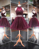 2018 Burgundy Two Piece Homecoming Dresses Beadings Stylish Short Tulle Prom Party Gowns