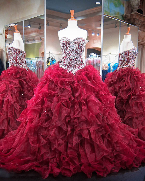 wine red quince dresses Burgundy Quinceanera Dresses Beaded Sparkly Rhinestones Puffy Ruffles Ball Gown Sweet 16 Dress vestidos de quinceañera