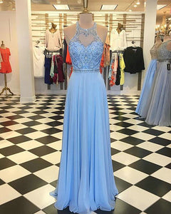 Light Blue 2018 Chiffon A line Prom Dresses with Halter Neckline Beaded Long Prom Gowns
