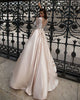 Champagne Satin Lace Wedding Dresses Half Sleeves Sheer Bateau Elegant Bridal Wedding Gowns 2018