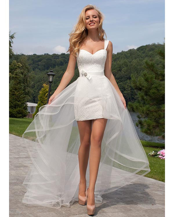 Sexy Short Beach Wedding Dresses with Detachable Tulle Train A-line Lace Wedding Gowns 2018 Sexy Short Beach Wedding Dresses with Detachable Tulle Train A-line Lace Wedding Gowns 2018