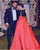 Elegant A line Red Evening Dresses with Black Beadings Satin Long Formal Party Gowns 2018
