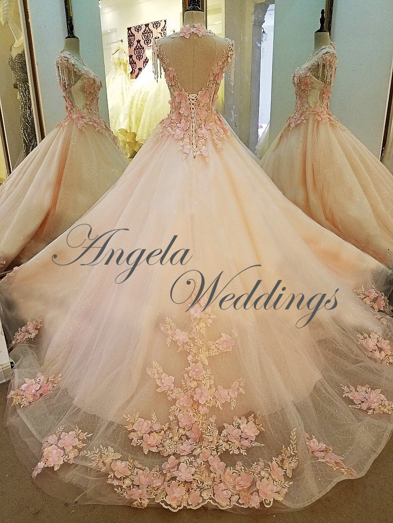 New Arrival 2018 Blush Pink Lace Ball Gown Wedding Dresses with Flower – angelaweddings