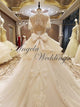 High Neck Beaded Ball Gowns Lace Wedding Dresses with Cap Sleeve