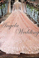Luxury Pink Lace Long Sleeve Ball Gown Wedding Dress Beaded Flowers