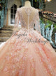 Luxury Pink Lace Long Sleeve Ball Gown Wedding Dress Beaded Flowers