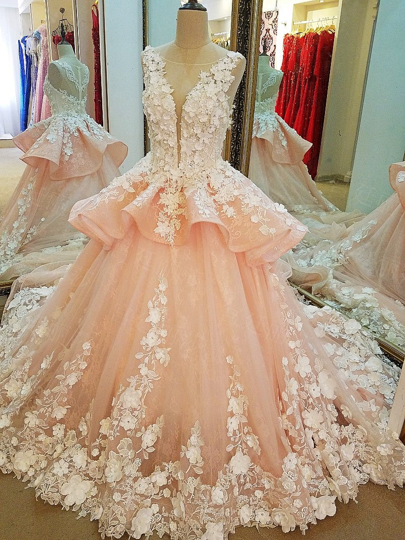 Delicate Coral Pink Ball Gown Lace Wedding Dresses with Flowers Delicate Coral Pink Ball Gown Lace Wedding Dresses with Flowers